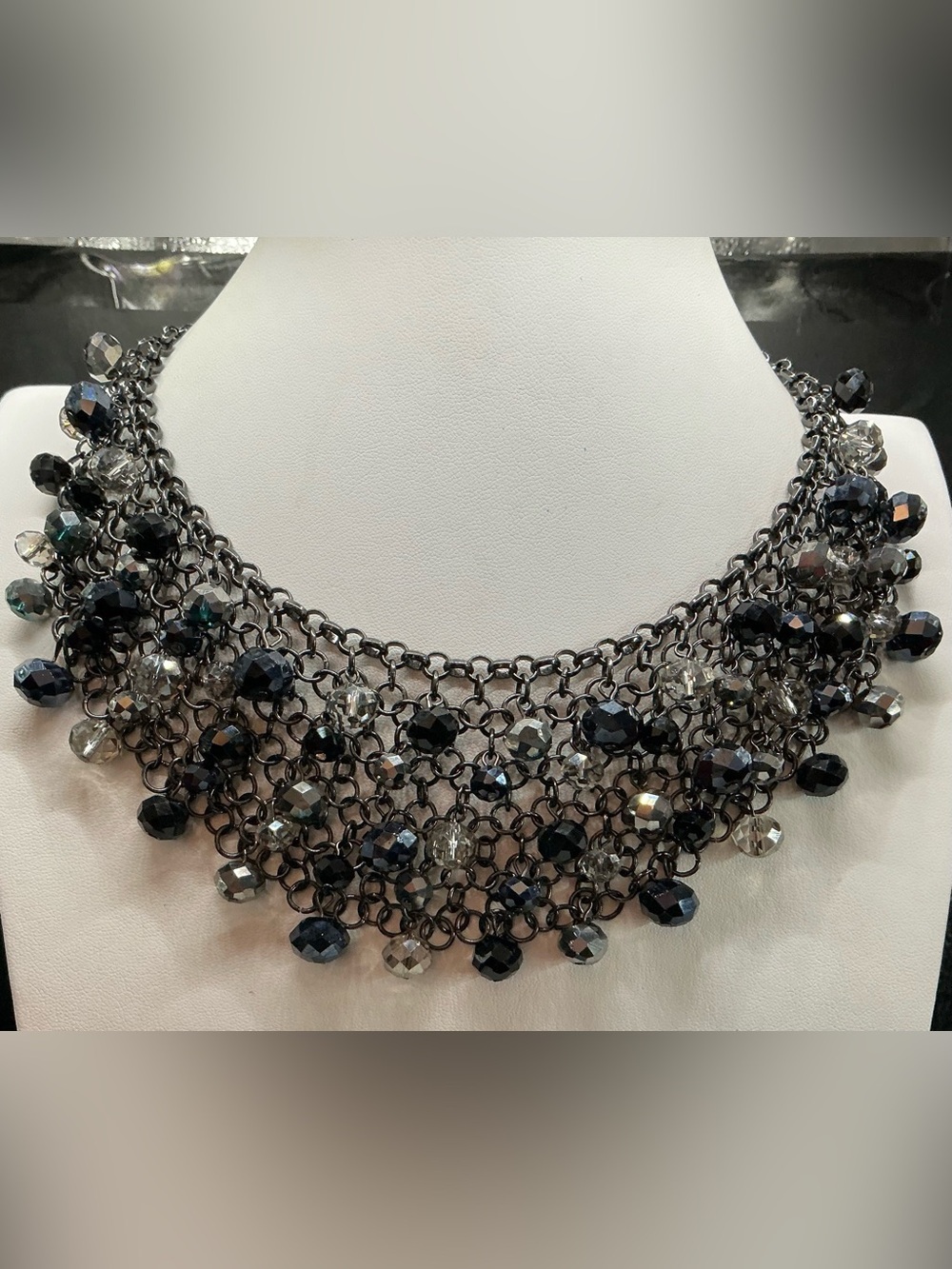 LANE BRYANT GUNMETAL AND BLACK LAYERED BEADS STATEMENT NRCKLACE CHUNKY OVERSIZED